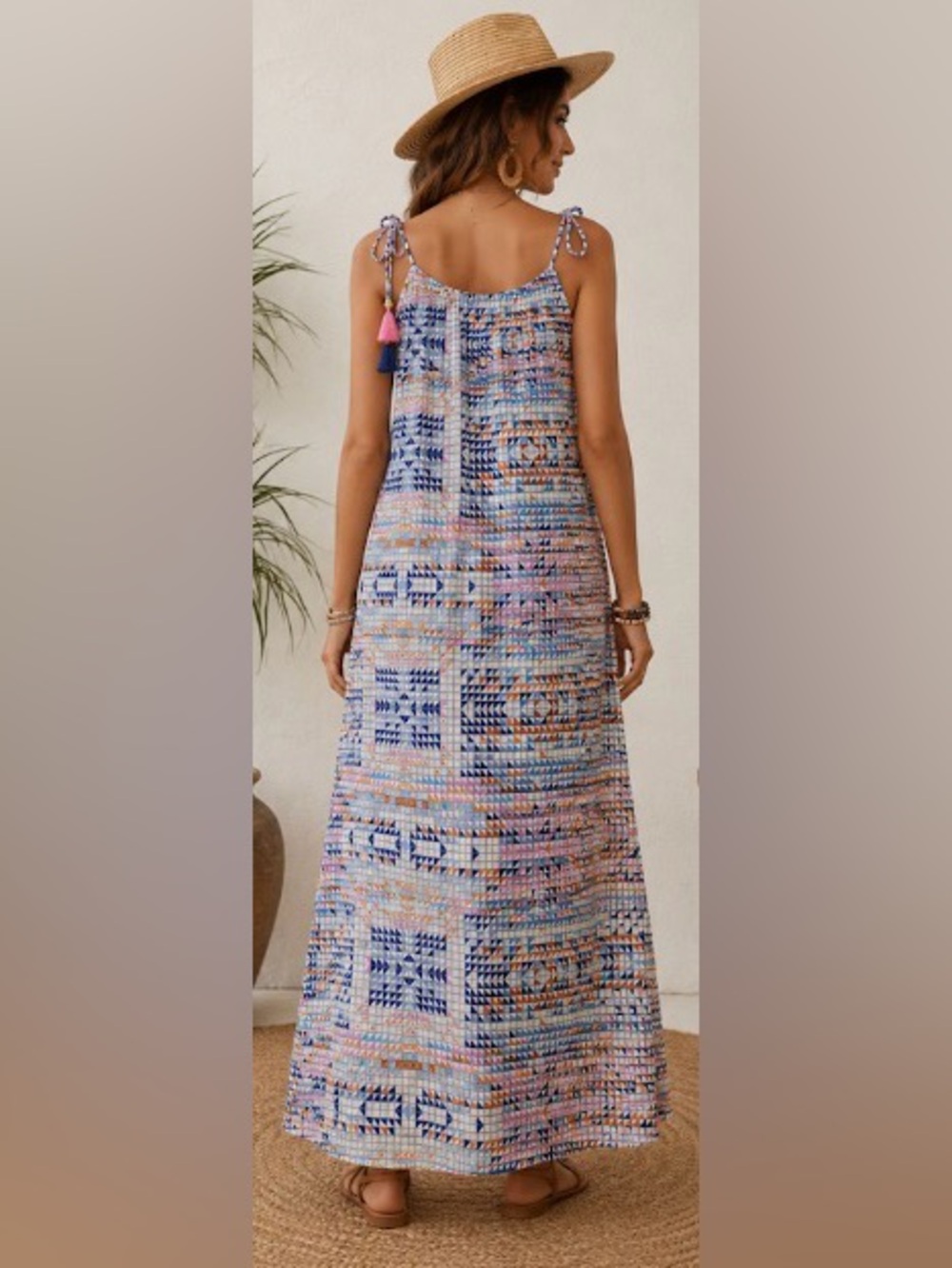 THML XS Geometric Print Tassel Tie Sleeveless Maxi Dress Boho Festival. Lined - Picture 3 of 12
